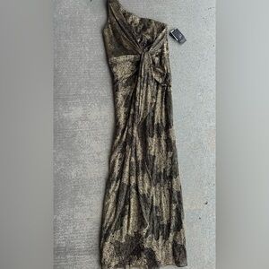 Adrianna Papell Gold and Black One Shoulder Gown Size 8 NWT